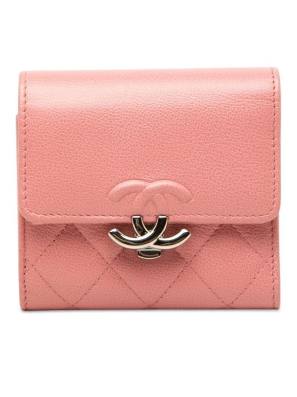 Chanel Quilted CC Logo Half Coco Trifold Wallet Pink Silver Leather